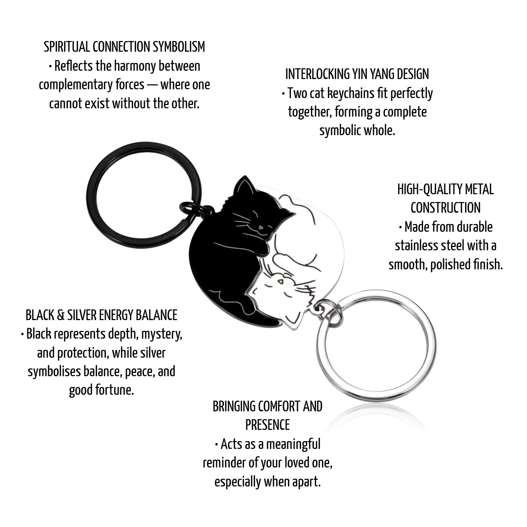 Yin Yang Cat Couple Keychain Set – Matching Black & Silver Cats Interlocking Keyrings Gift