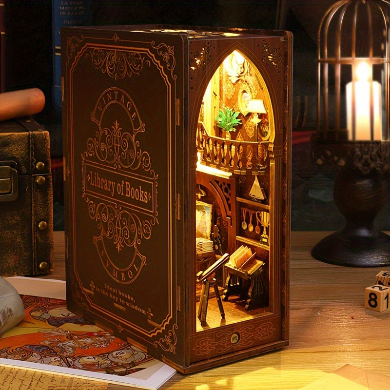 DIY Miniature Book Nook Kit – Vintage Library Wooden Bookend with LED Lights