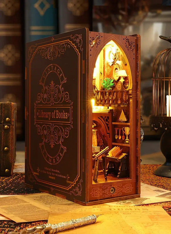 DIY Miniature Book Nook Kit – Vintage Library Wooden Bookend with LED Lights