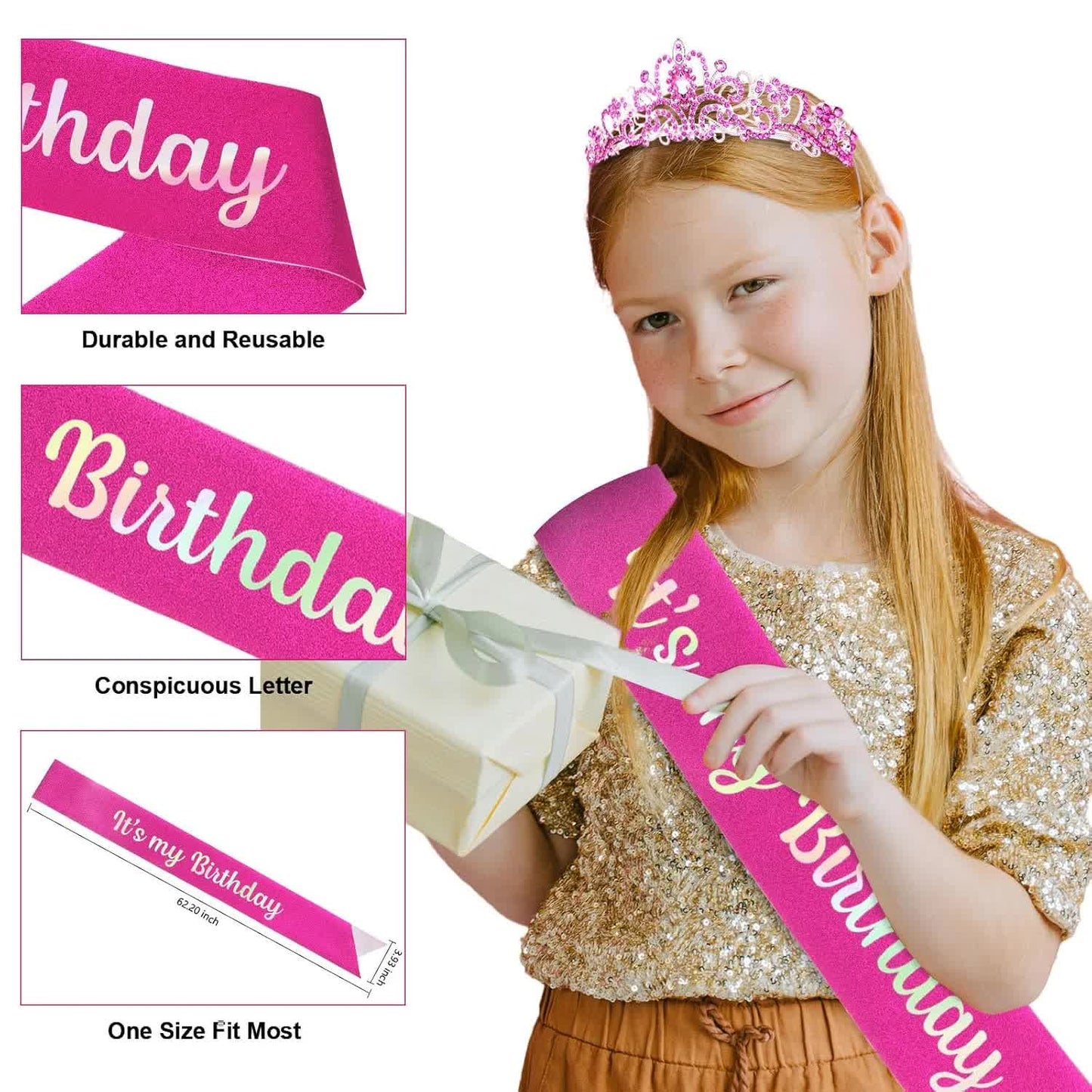 Hot Pink Birthday Tiara & Sash Set – “It’s My Birthday” Rhinestone Crown for Women & Girls Party Accessory