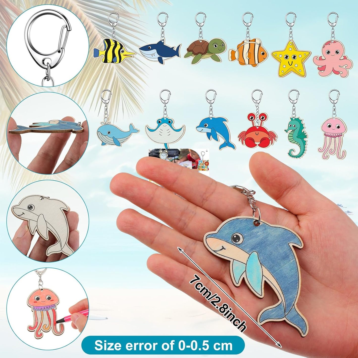 36 Pack Sea Life Wooden Keychains DIY Paint Your Own Craft Kit – Under the Sea Blank Wood Art Set for Kids Activities, Party Crafts & Creative Gifts