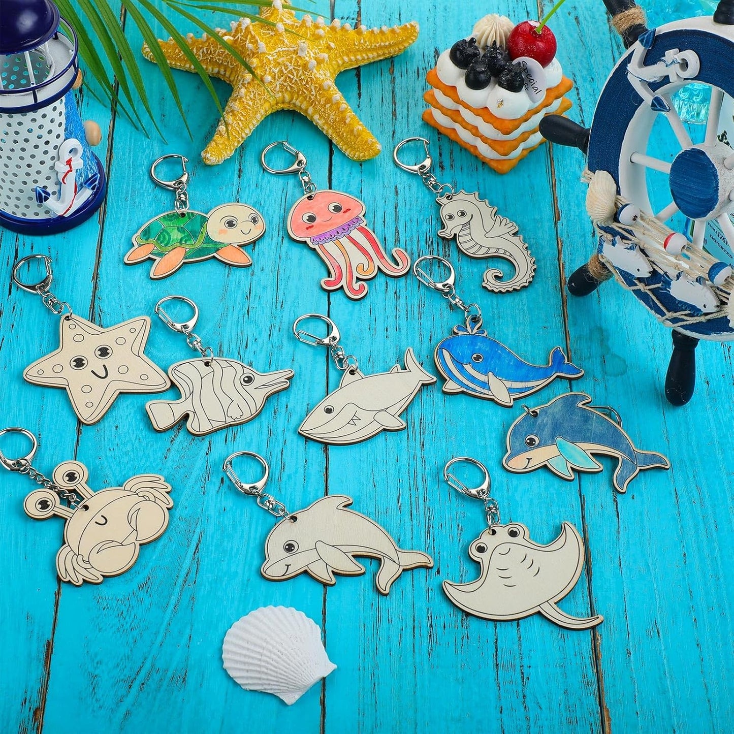 36 Pack Sea Life Wooden Keychains DIY Paint Your Own Craft Kit – Under the Sea Blank Wood Art Set for Kids Activities, Party Crafts & Creative Gifts