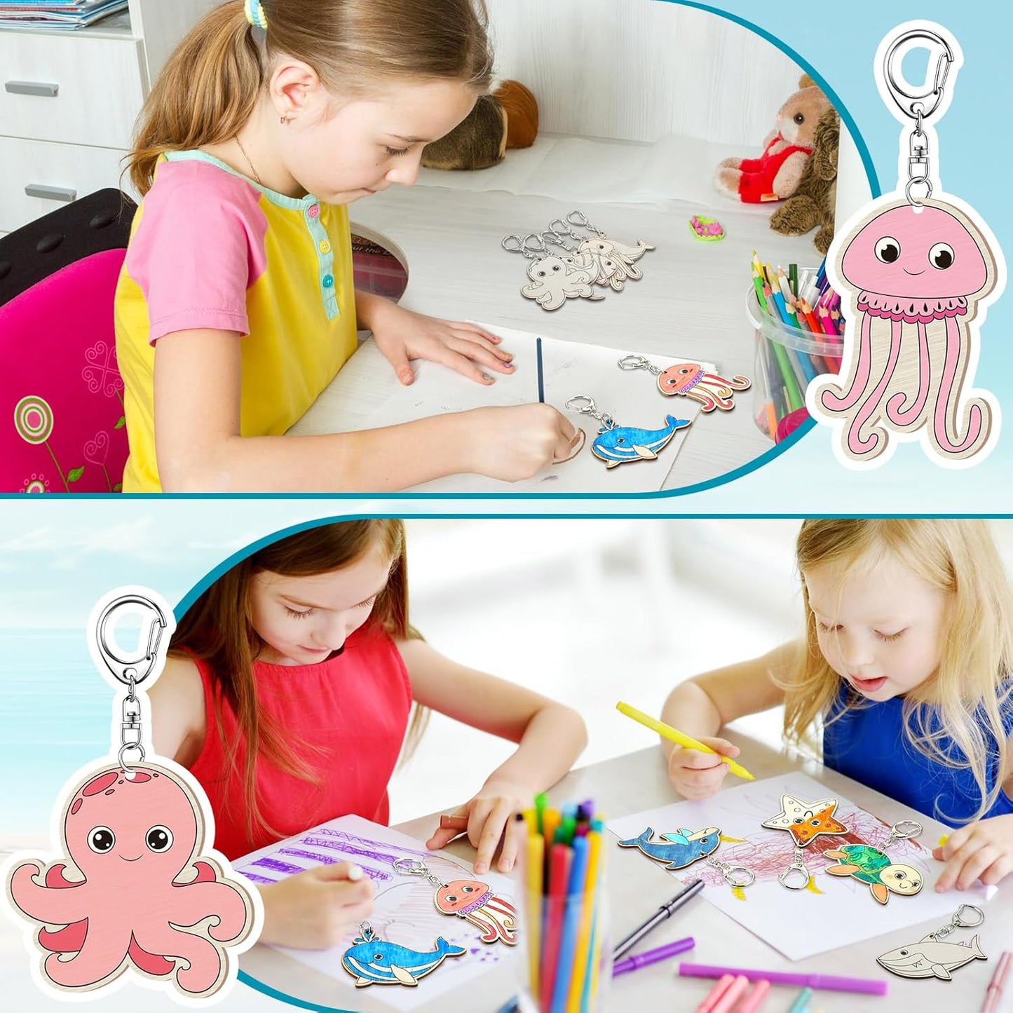 36 Pack Sea Life Wooden Keychains DIY Paint Your Own Craft Kit – Under the Sea Blank Wood Art Set for Kids Activities, Party Crafts & Creative Gifts