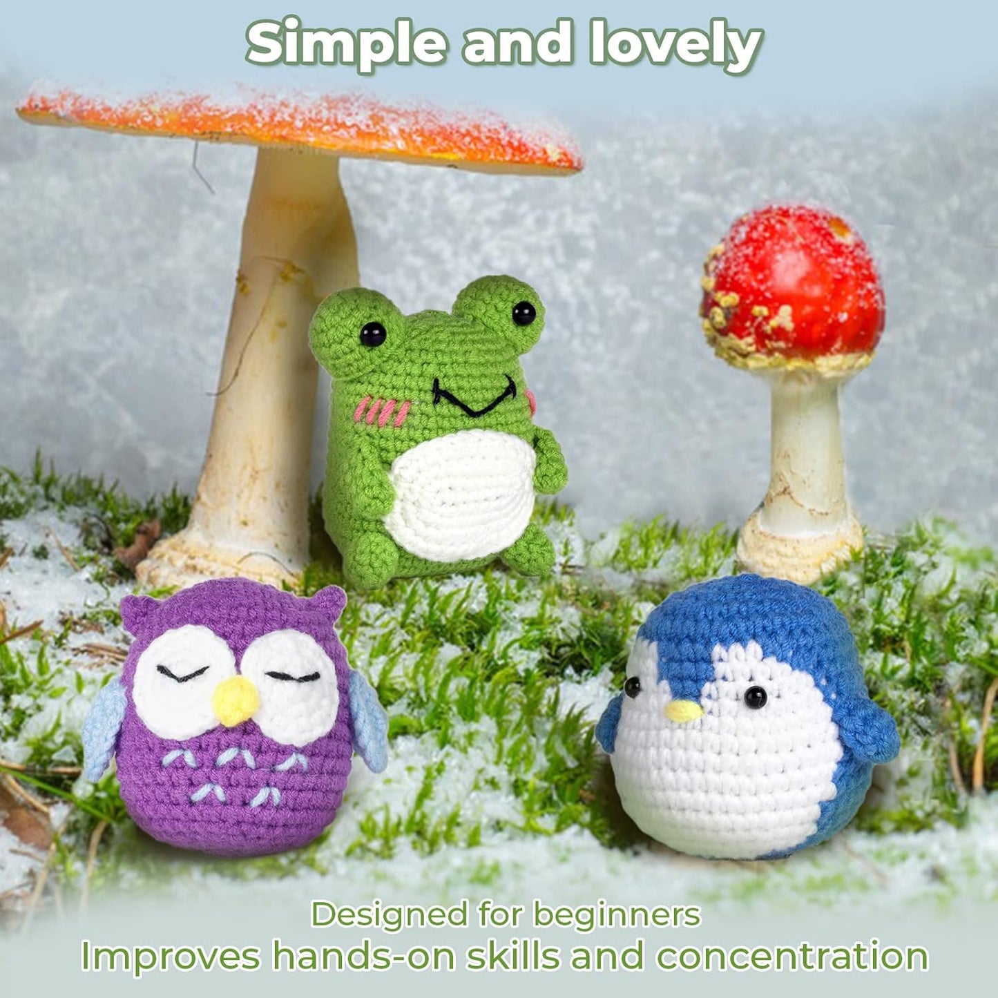 Beginner Crochet Kit Animal Patterns – Owl Penguin Frog DIY Yarn Craft Set with Hook & Accessories