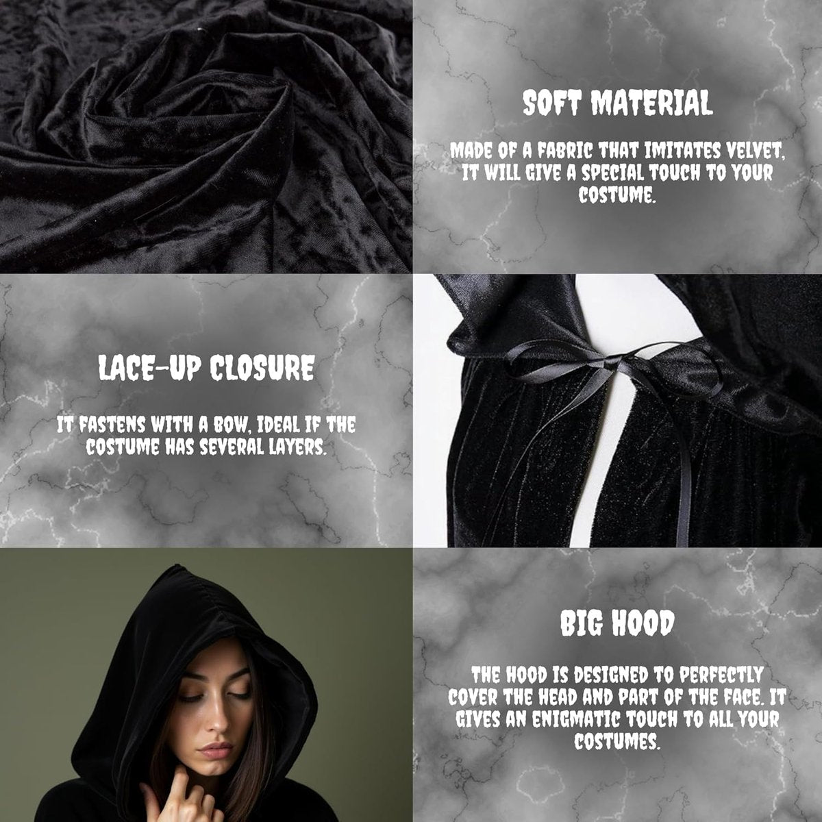 Luxury Black Hooded Cape – Adult Long Velvet Costume Cloak for Halloween, Cosplay & Fantasy Dress-Up