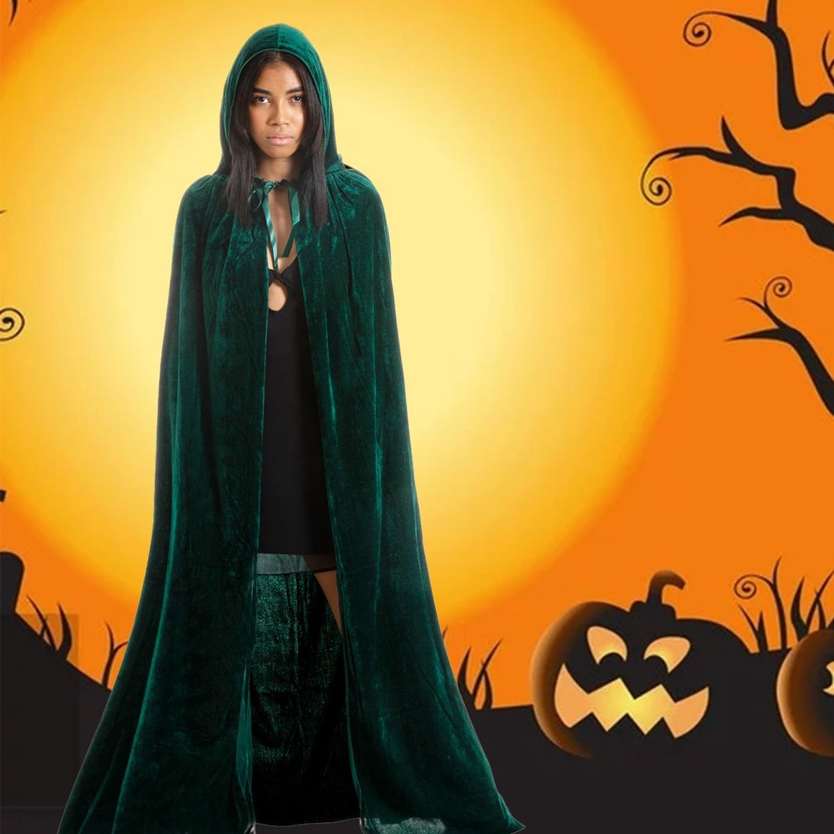Luxury Green Hooded Cape – Adult Long Velvet Costume Cloak for Witch, Sorcerer & Fantasy Cosplay