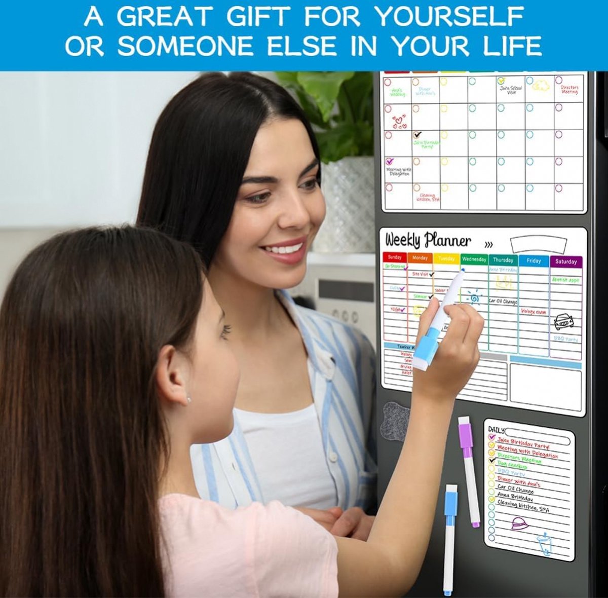 Magnetic Fridge Planner Set – Monthly, Weekly & Daily Whiteboard with Markers & Eraser (Reusable Family Organiser)