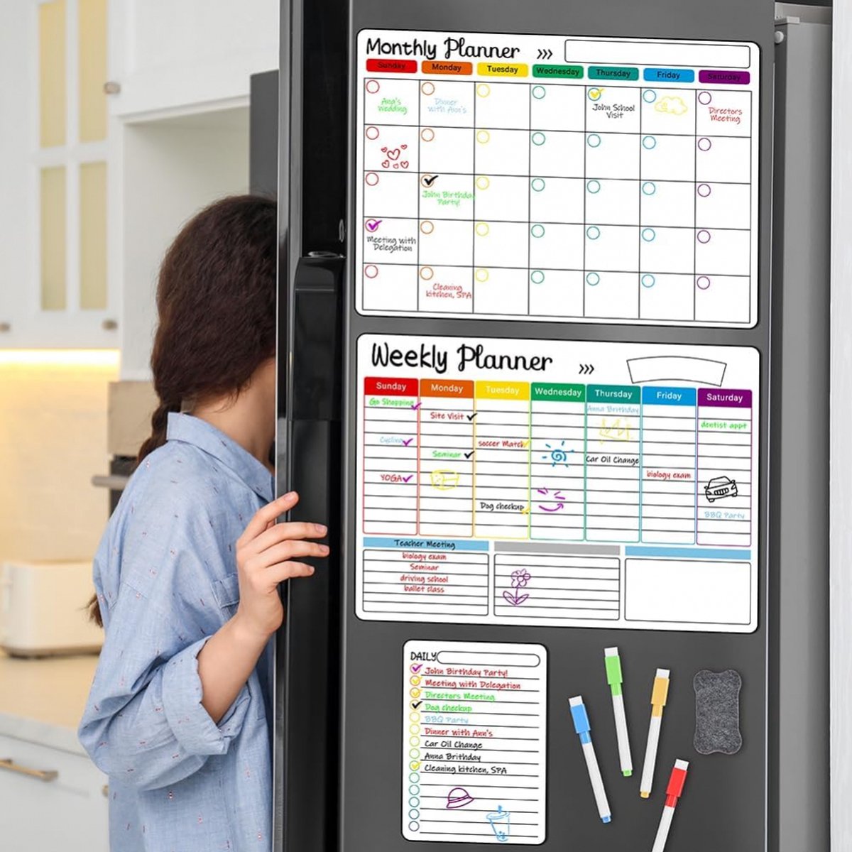 Magnetic Fridge Planner Set – Monthly, Weekly & Daily Whiteboard with Markers & Eraser (Reusable Family Organiser)
