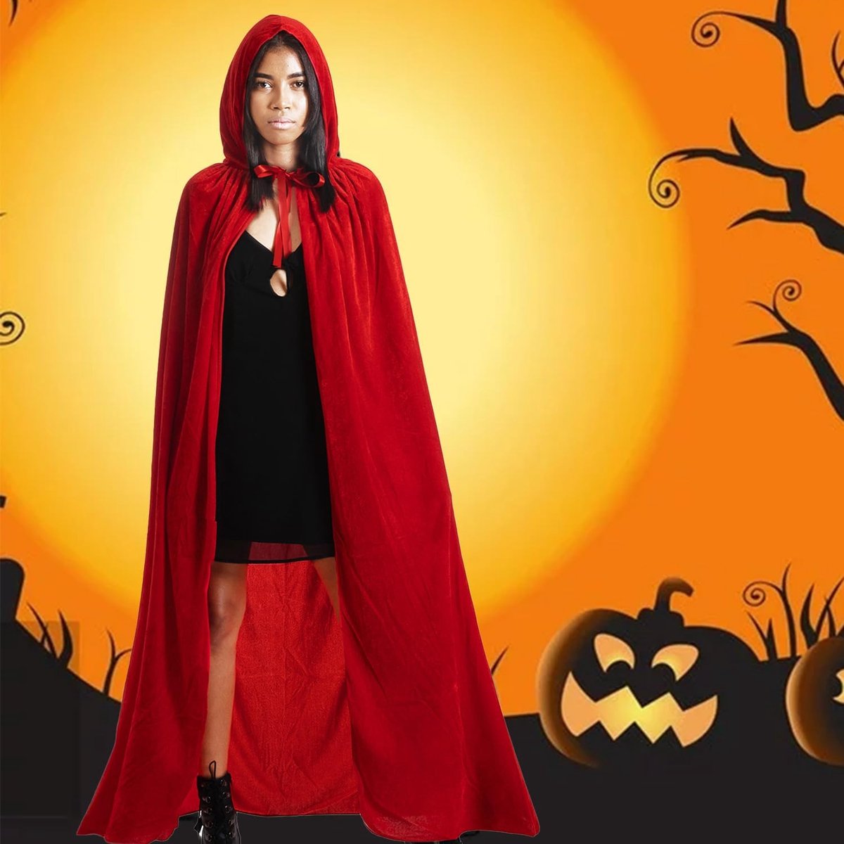 Luxury Red Hooded Cape – Adult Long Velvet Costume Cloak for Vampire, Witch & Fantasy Cosplay