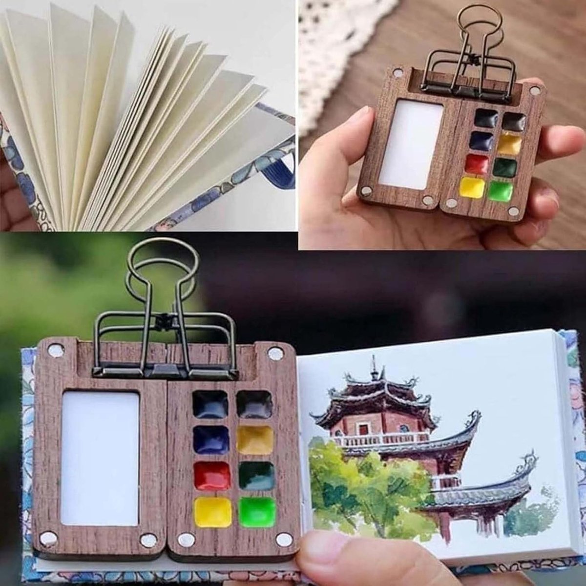 Mini Watercolour Paint Set 8 Grid – Portable Pocket Travel Palette with Sketchbook & Brush
