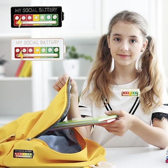 Social Battery Mood Pin Set 2 Pack – Funny Adjustable Emotion Brooch Badges (Black & White)