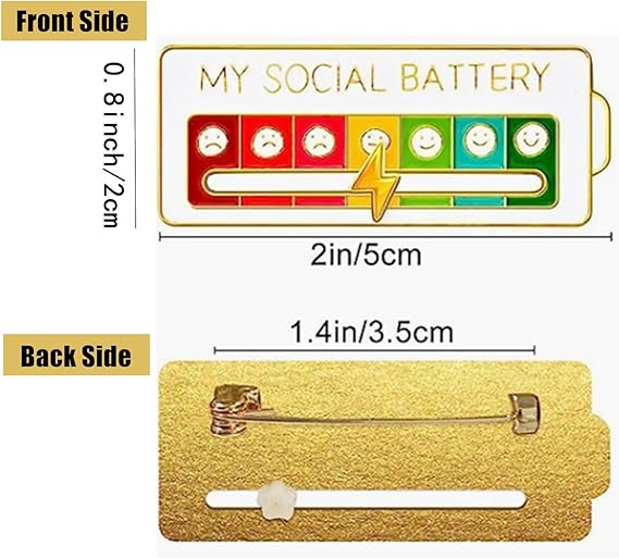 Social Battery Mood Pin Set 2 Pack – Funny Adjustable Emotion Brooch Badges (Black & White)