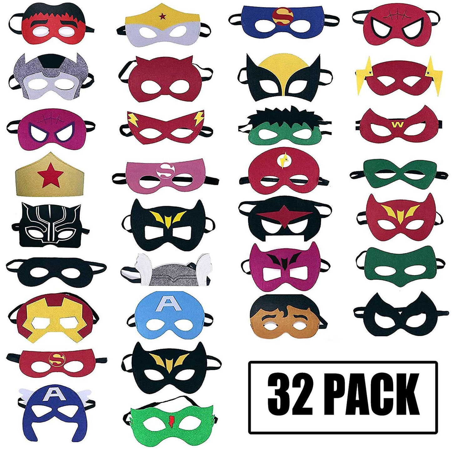 Superhero Masks 32 Pack – Kids Felt Party Masks with Elastic Bands