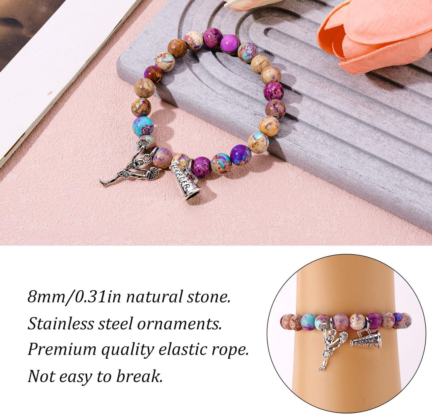 Cheerleader Encouragement Bracelet – Imperial Stone Charm Bracelet with Inspirational Card Gift