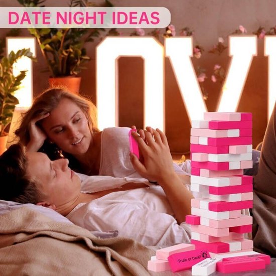 Romantic Block Tower Game for Couples – Adult Jenga Style Date Night Game with 54 Challenges (Pink)