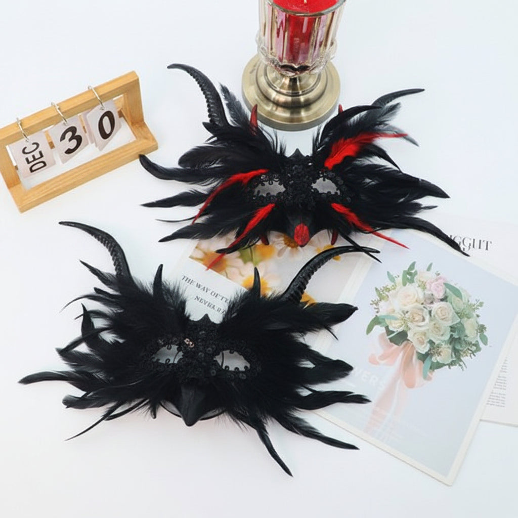 Gothic Feather Devil Horn Mask – Black Masquerade Costume Mask with Lace Detail