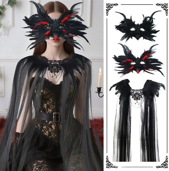 Gothic Feather Devil Horn Mask – Red & Black Masquerade Costume Mask with Lace Detail