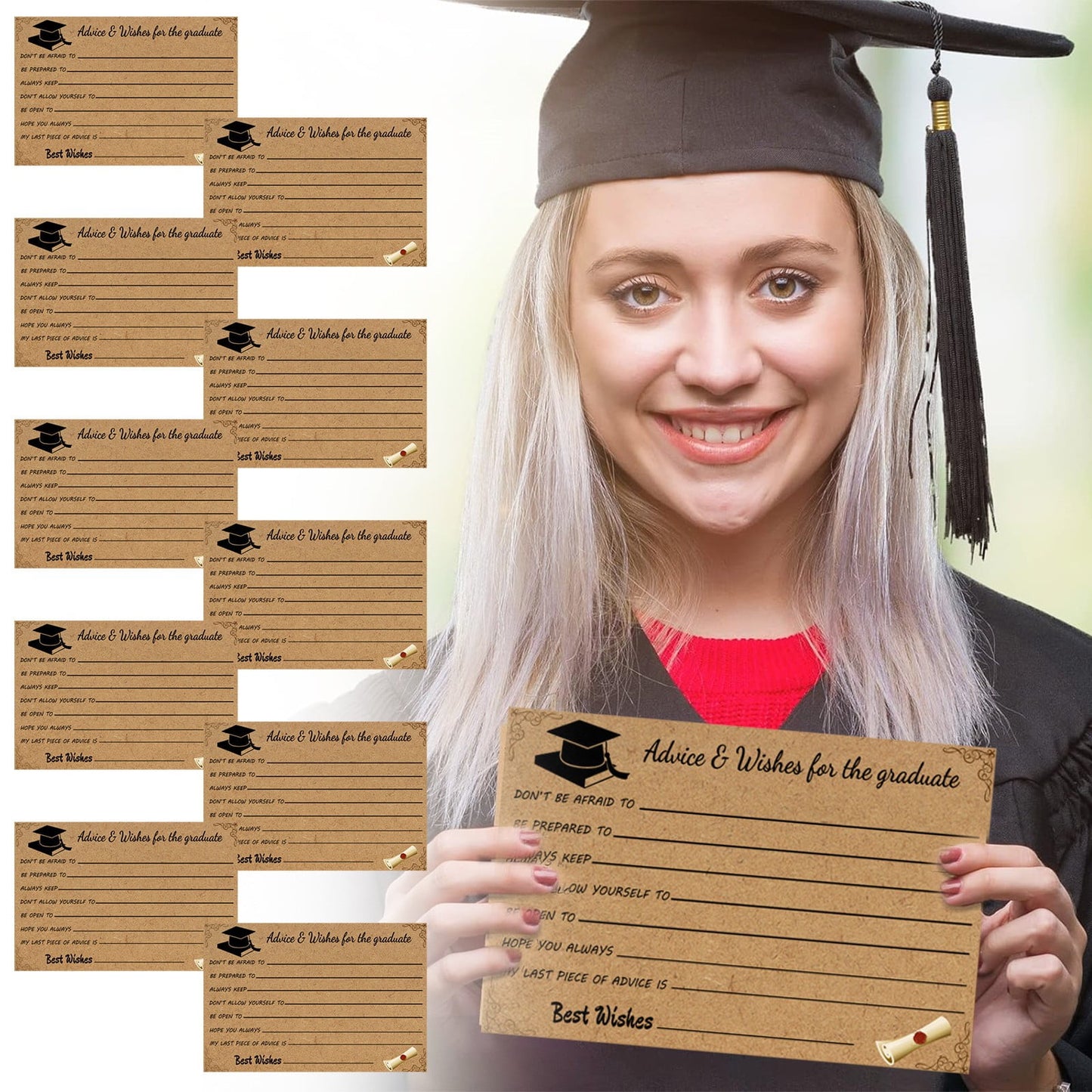 Graduation Advice & Wishes Cards (10 Pack) – Kraft Fill-In Keepsake Cards for Grad Parties & Celebrations