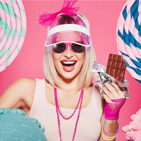 80s Neon Costume Accessories Set – Pink Retro Party Outfit Kit with Leg Warmers, Gloves & Jewellery