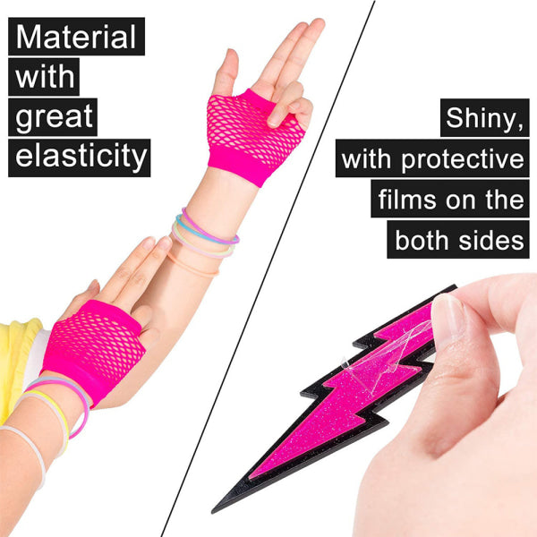 80s Neon Costume Accessories Set – Pink Retro Party Outfit Kit with Leg Warmers, Gloves & Jewellery