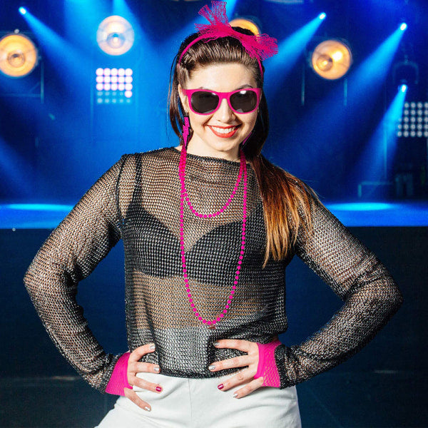 80s Neon Costume Accessories Set – Pink Retro Party Outfit Kit with Leg Warmers, Gloves & Jewellery