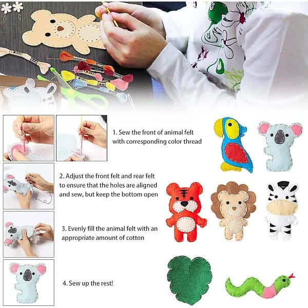 Kids Felt Sewing Kit – DIY Animal Craft Set with Pre-Cut Shapes, Safe Needles & Beginner Sewing Materials