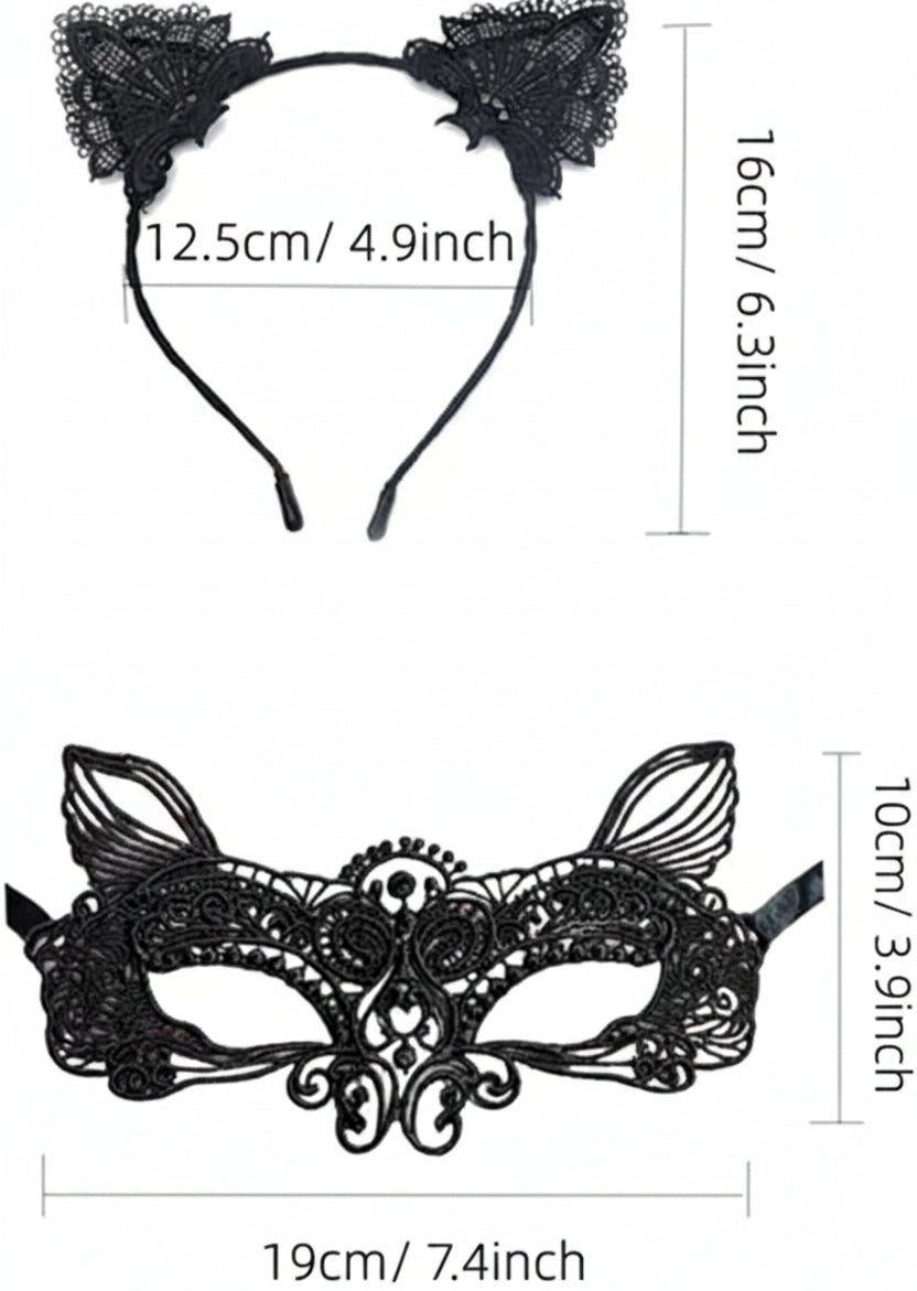 Cat Mask and Ears Set – Lace Masquerade Cat Mask with Headband Costume Accessory