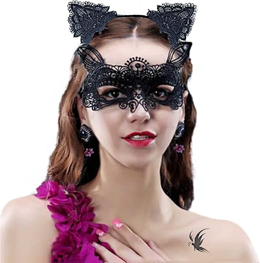 Cat Mask and Ears Set – Lace Masquerade Cat Mask with Headband Costume Accessory