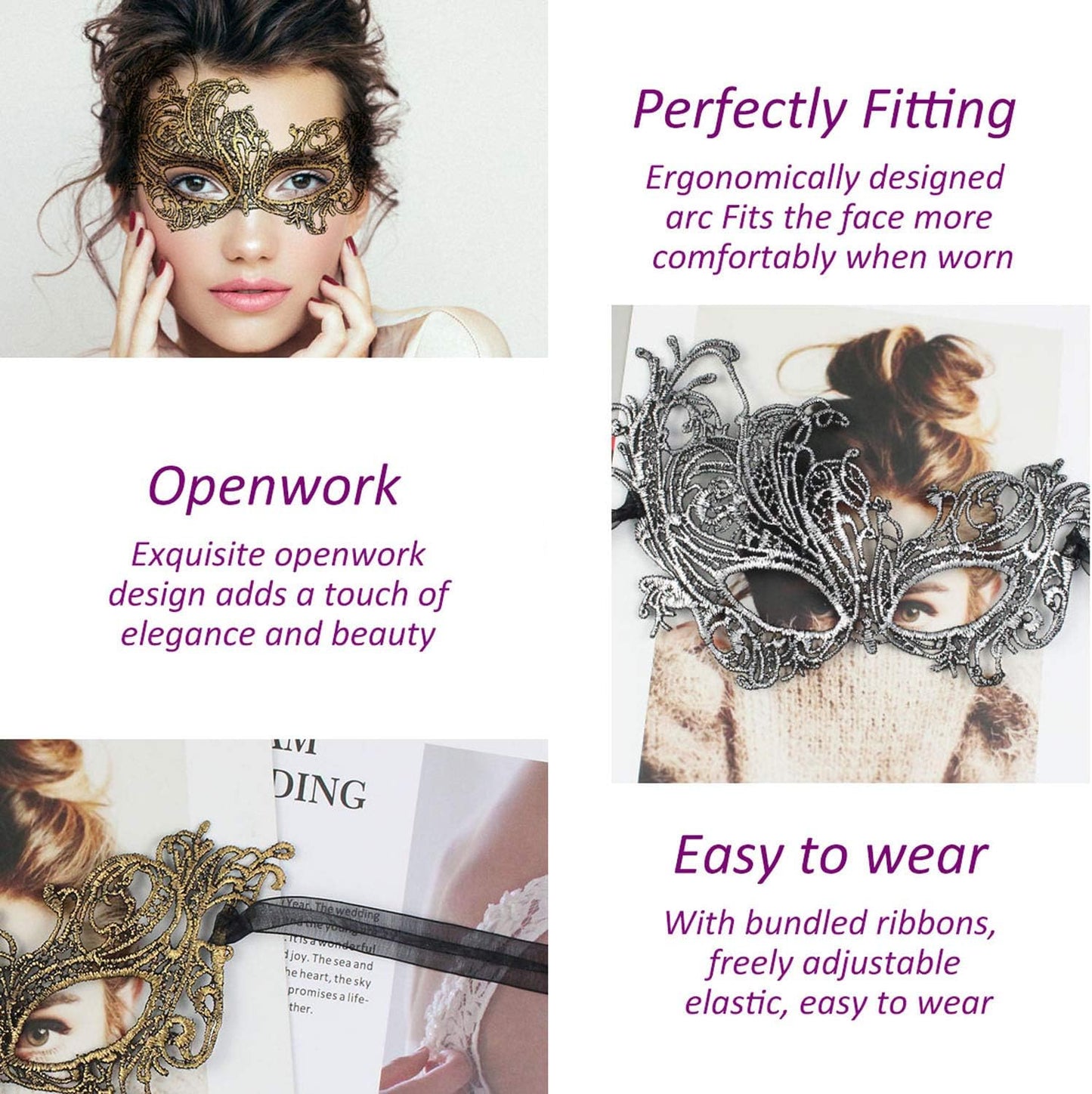 Venetian Lace Masquerade Mask for Women – Elegant Black Gold Silver Party Mask