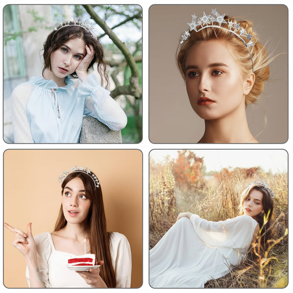 Silver Star Halo Crown Headband – Rhinestone Tiara for Women & Girls Festival, New Year’s Eve & Party Hair Accessory