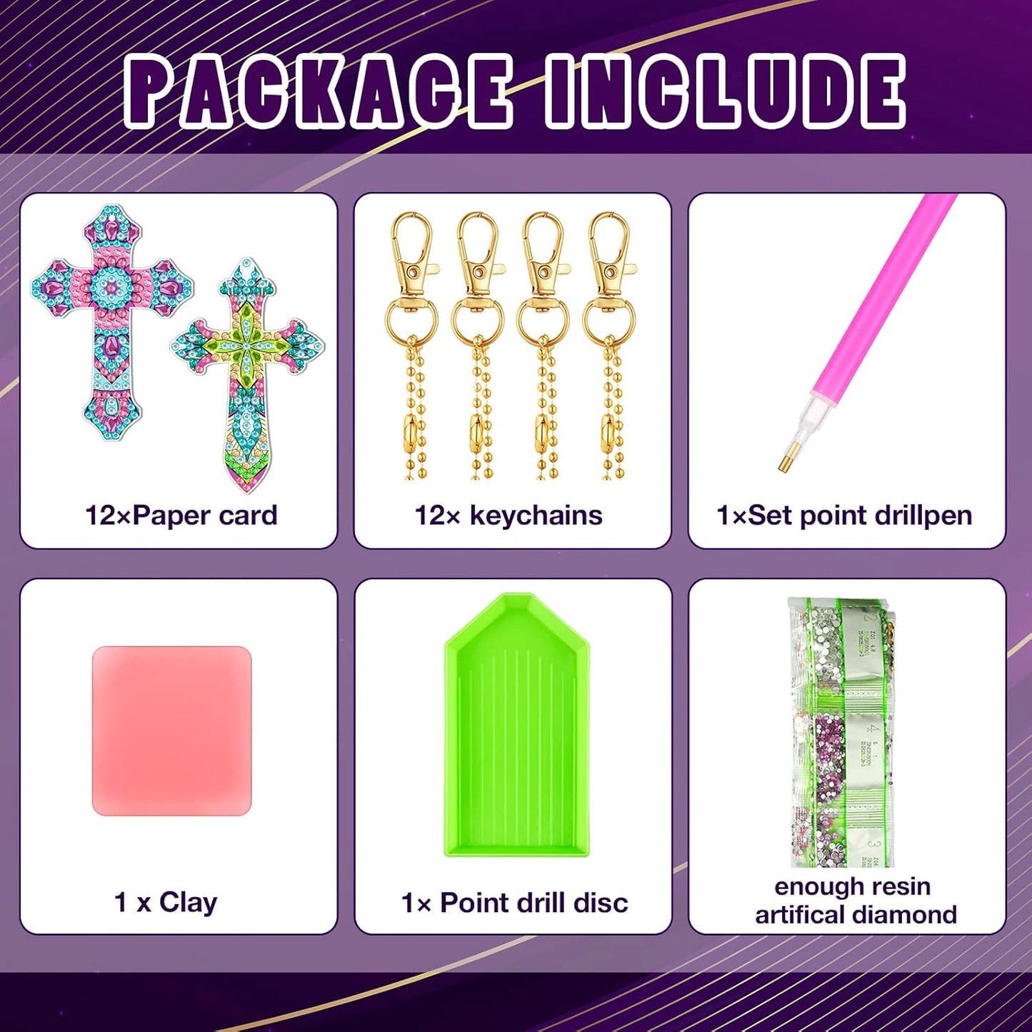 12 Pack Diamond Painting Cross Keychains DIY Kit – 5D Rhinestone Religious Craft Set for Kids, Easter, Baptism & Personalised Gifts