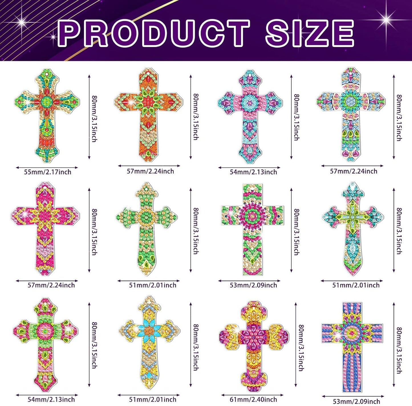 12 Pack Diamond Painting Cross Keychains DIY Kit – 5D Rhinestone Religious Craft Set for Kids, Easter, Baptism & Personalised Gifts