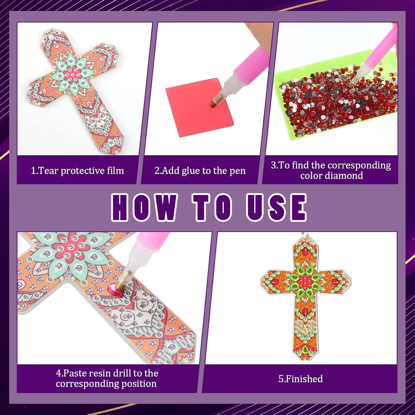 12 Pack Diamond Painting Cross Keychains DIY Kit – 5D Rhinestone Religious Craft Set for Kids, Easter, Baptism & Personalised Gifts