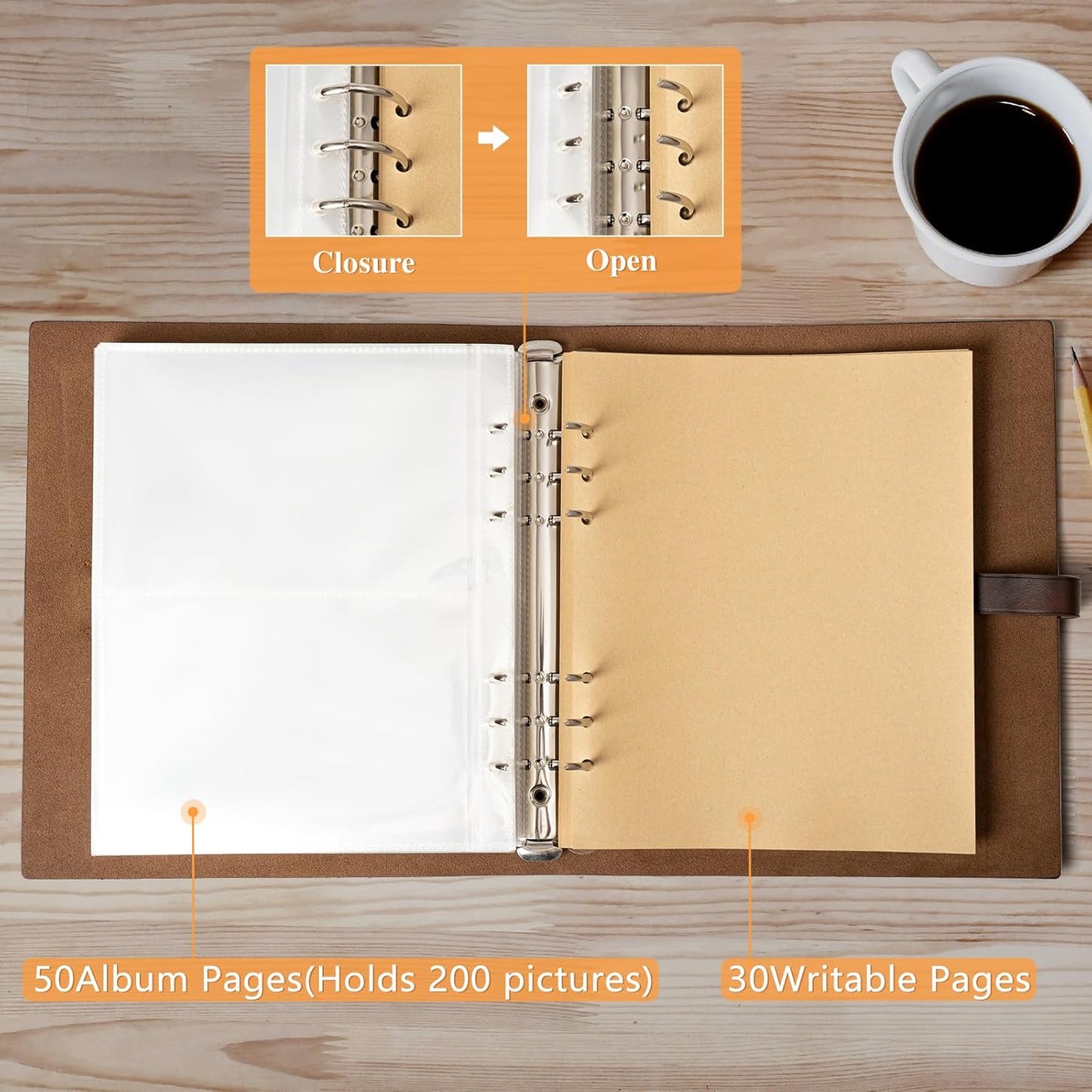 Genuine Leather Photo Album 4x6 – 200 Photos Scrapbook Journal with Writing Space & Refillable Binder