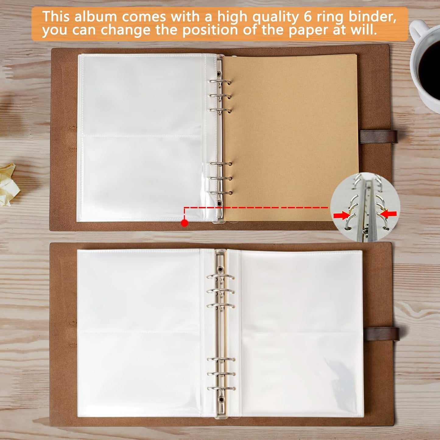 Genuine Leather Photo Album 4x6 – 200 Photos Scrapbook Journal with Writing Space & Refillable Binder