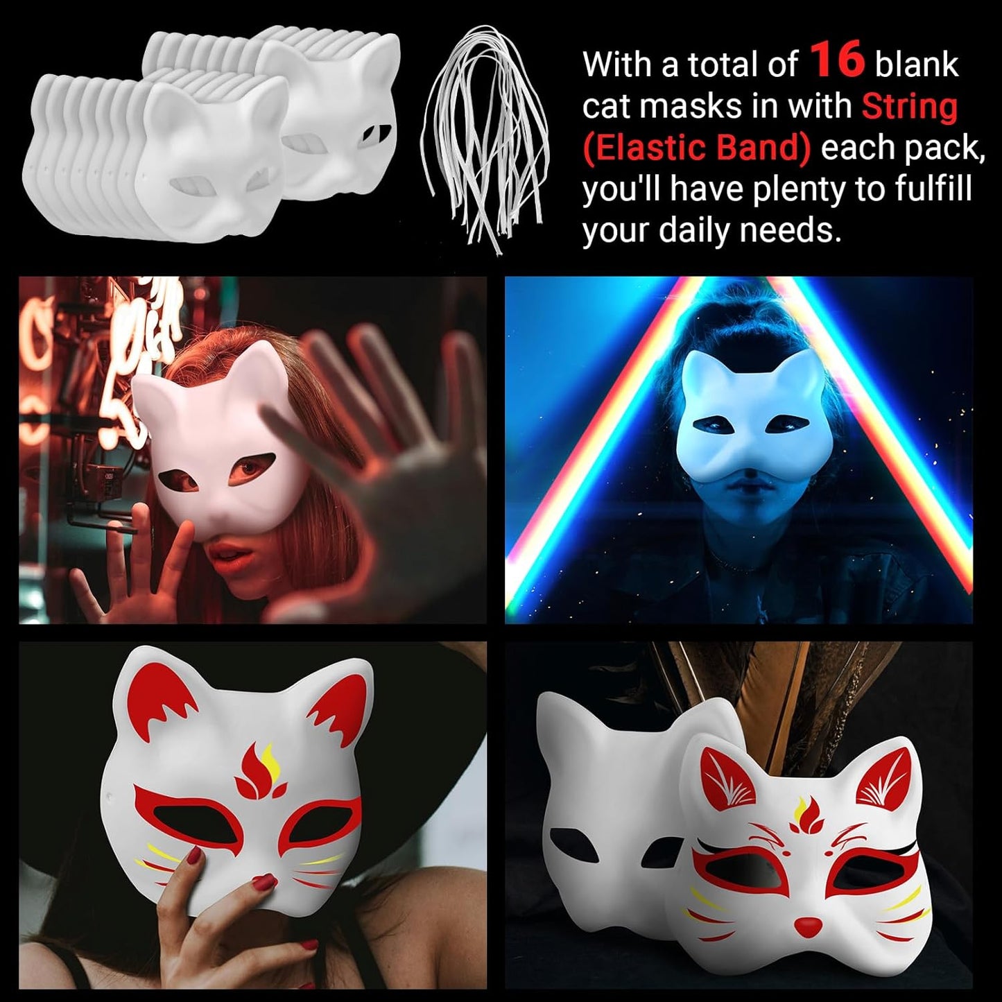 16 Pack Blank Cat Masks & 5 Pack Faux Fur Strips Set – DIY Paper Mache Animal Masks for Cosplay, Halloween & Craft Projects