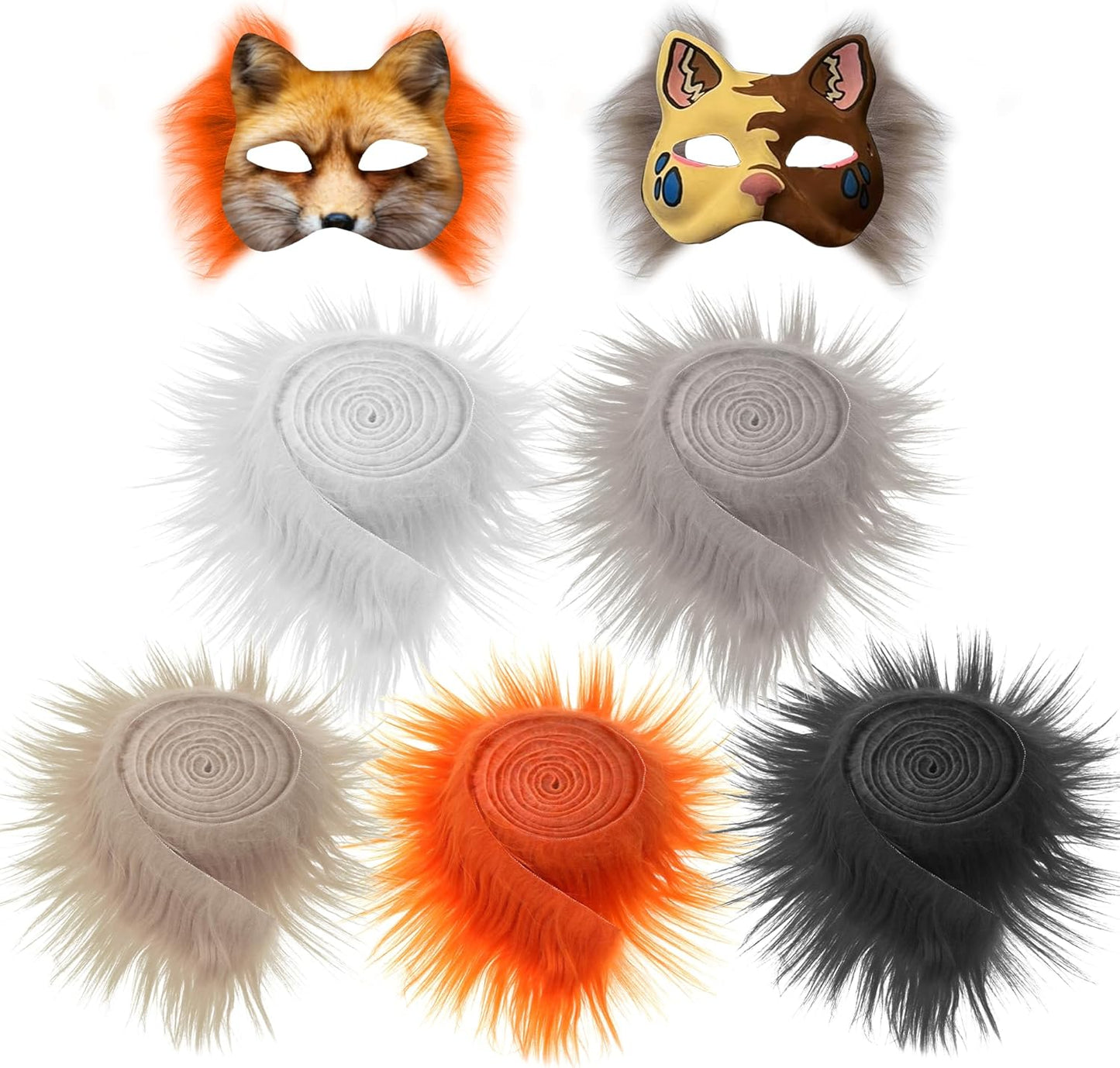 16 Pack Blank Cat Masks & 5 Pack Faux Fur Strips Set – DIY Paper Mache Animal Masks for Cosplay, Halloween & Craft Projects