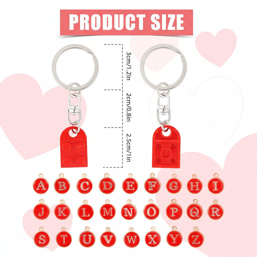 Personalised Initial Matching Heart Brick Keychain Set – Customisable Couples Gift with Interlocking Keyrings (A–Z Letters)