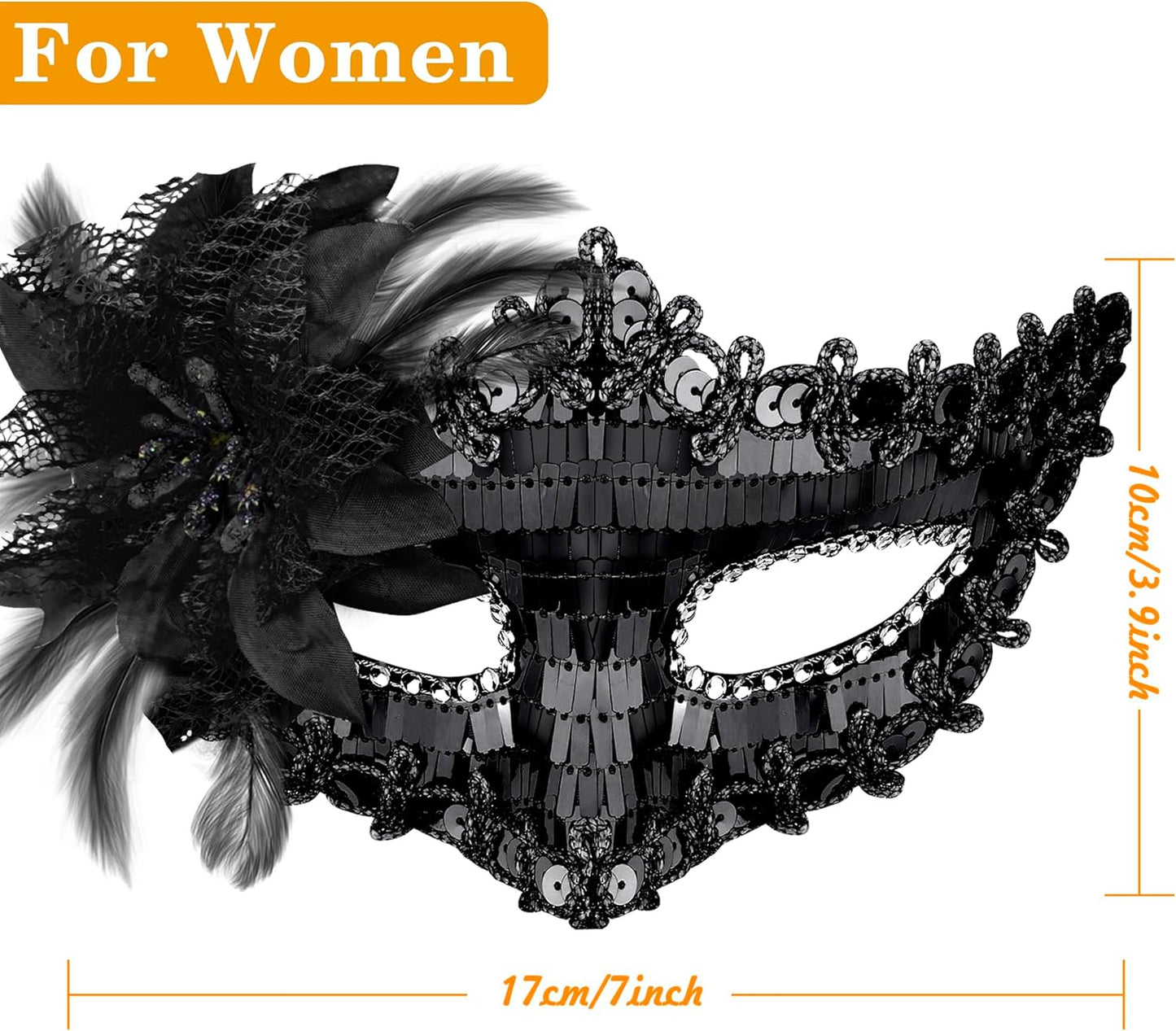Couples Venetian Masquerade Masks Set – Black Sequin & Feather Costume Masks