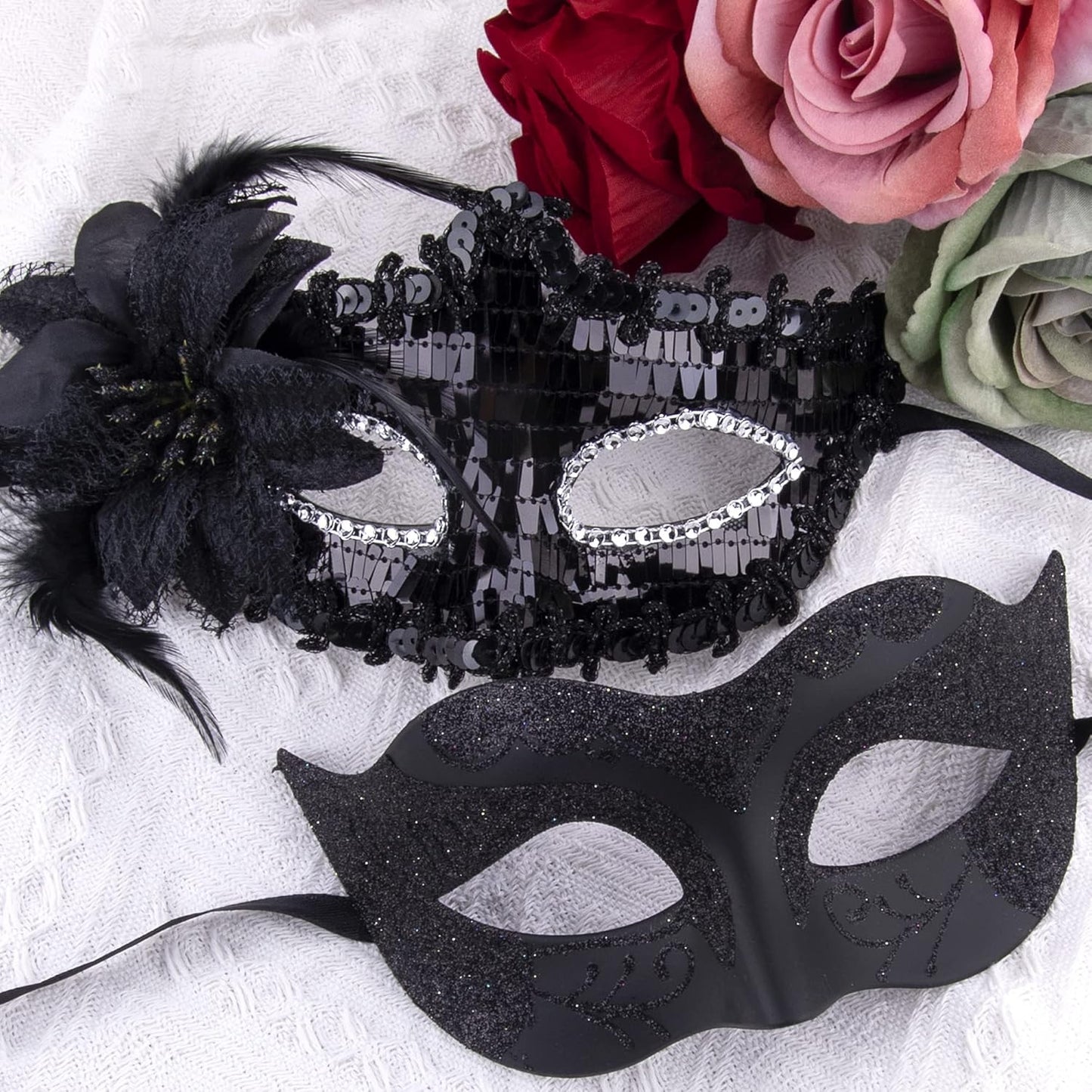 Couples Venetian Masquerade Masks Set – Black Sequin & Feather Costume Masks