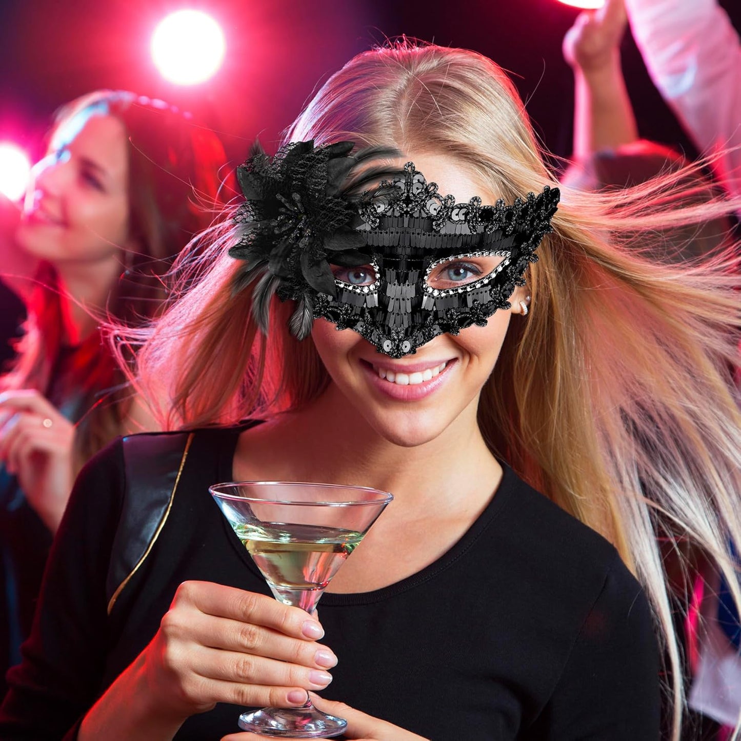 Couples Venetian Masquerade Masks Set – Black Sequin & Feather Costume Masks