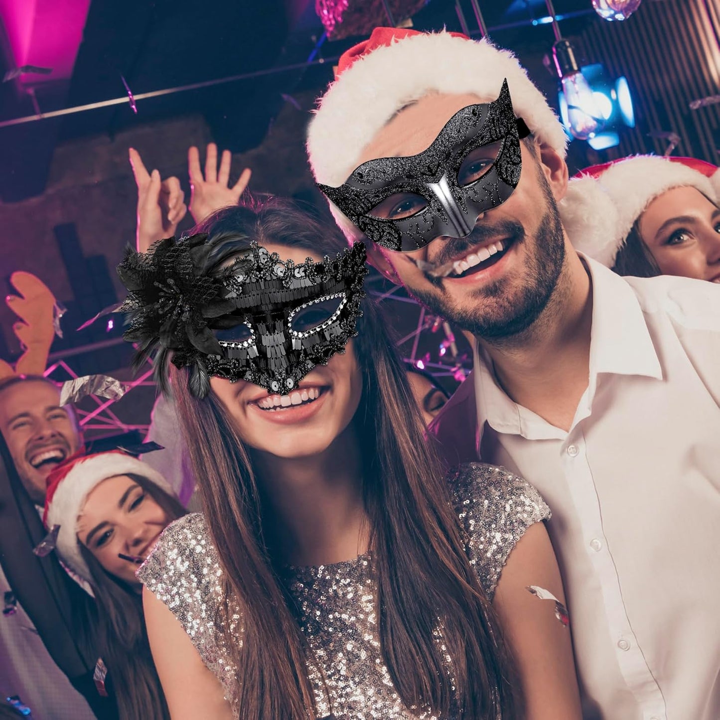 Couples Venetian Masquerade Masks Set – Black Sequin & Feather Costume Masks
