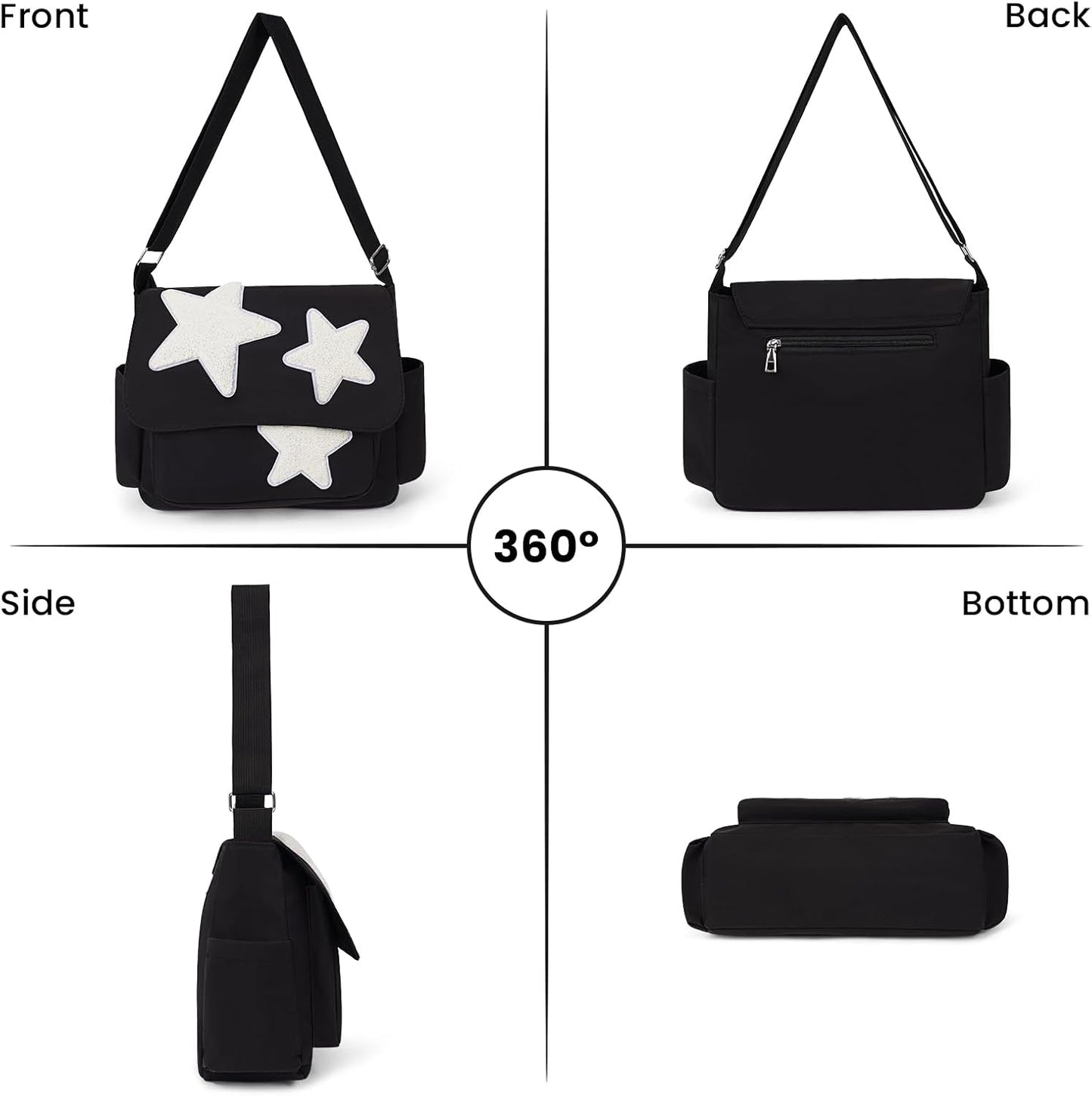 Y2K Star Canvas Messenger Bag – Aesthetic Crossbody Shoulder Tote Bag with Multiple Pockets for Everyday, Travel & Uni