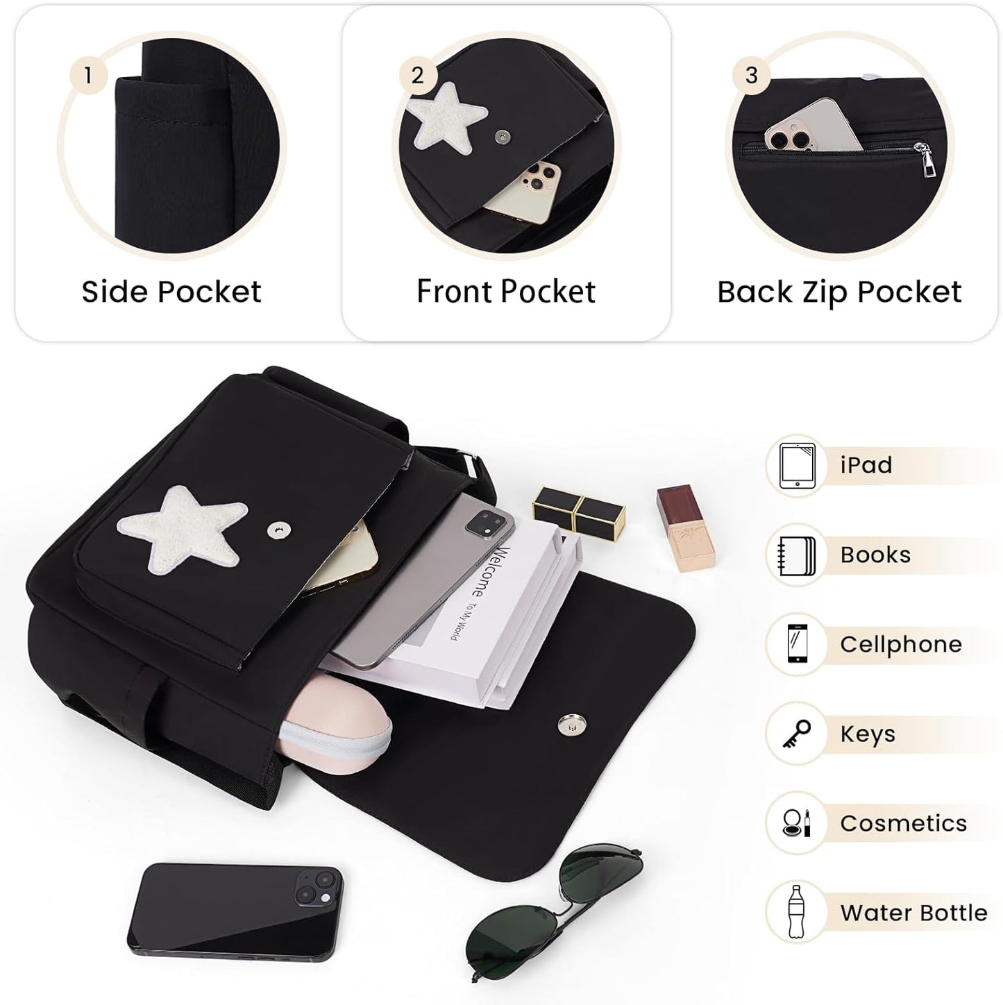Y2K Star Canvas Messenger Bag – Aesthetic Crossbody Shoulder Tote Bag with Multiple Pockets for Everyday, Travel & Uni
