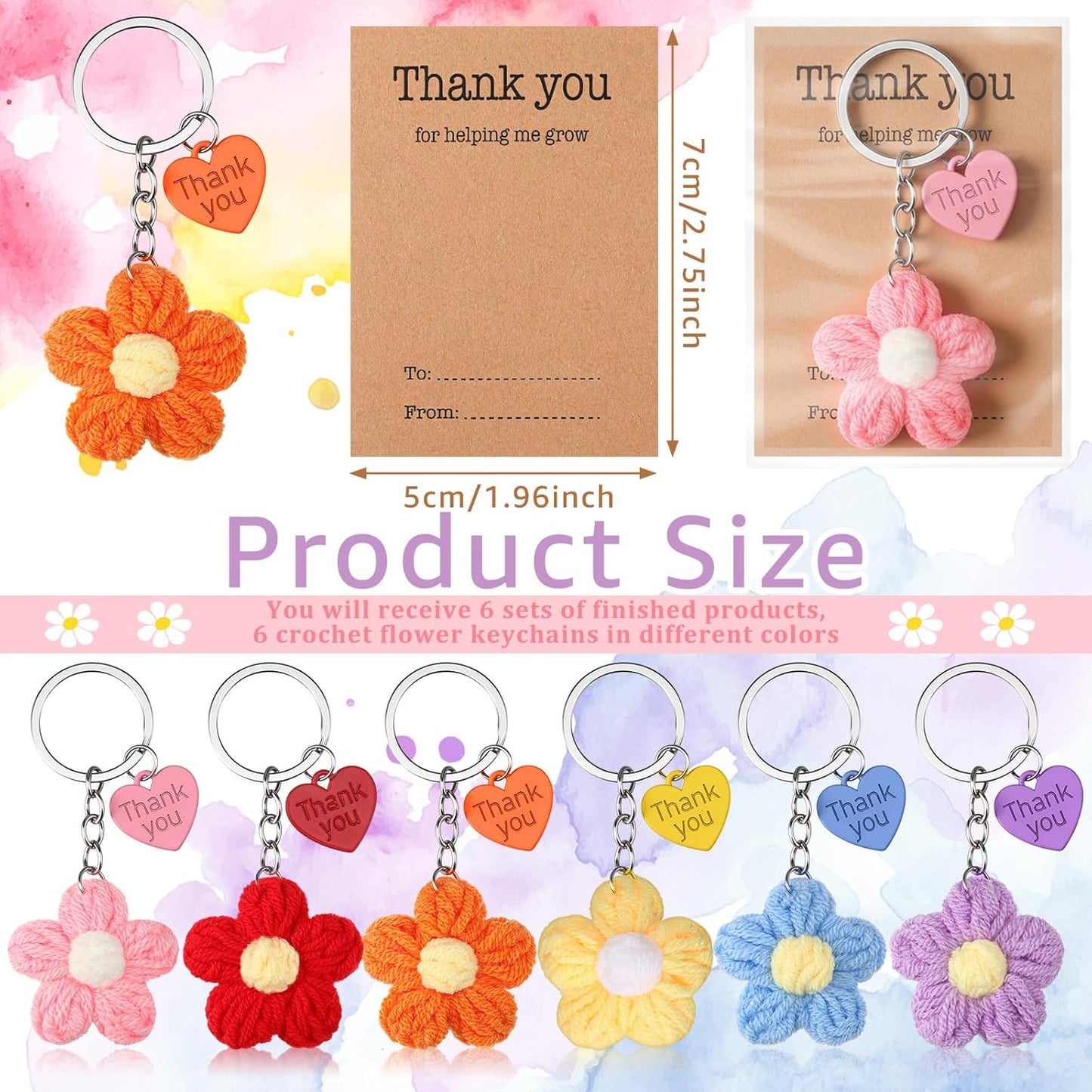 Teacher Appreciation Crochet Flower Keychain Gift Set – “Thank You for Helping Me Grow” (6 Pack)