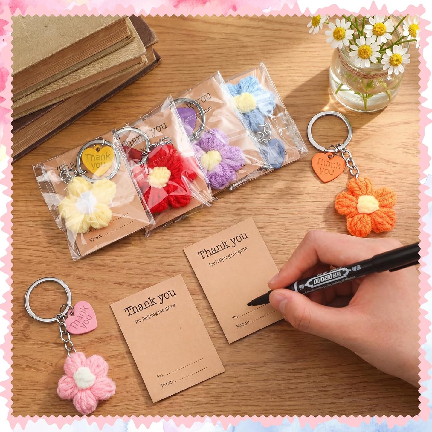 Teacher Appreciation Crochet Flower Keychain Gift Set – “Thank You for Helping Me Grow” (6 Pack)
