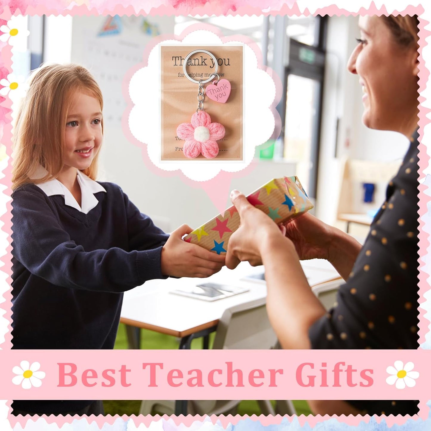 Teacher Appreciation Crochet Flower Keychain Gift Set – “Thank You for Helping Me Grow” (6 Pack)
