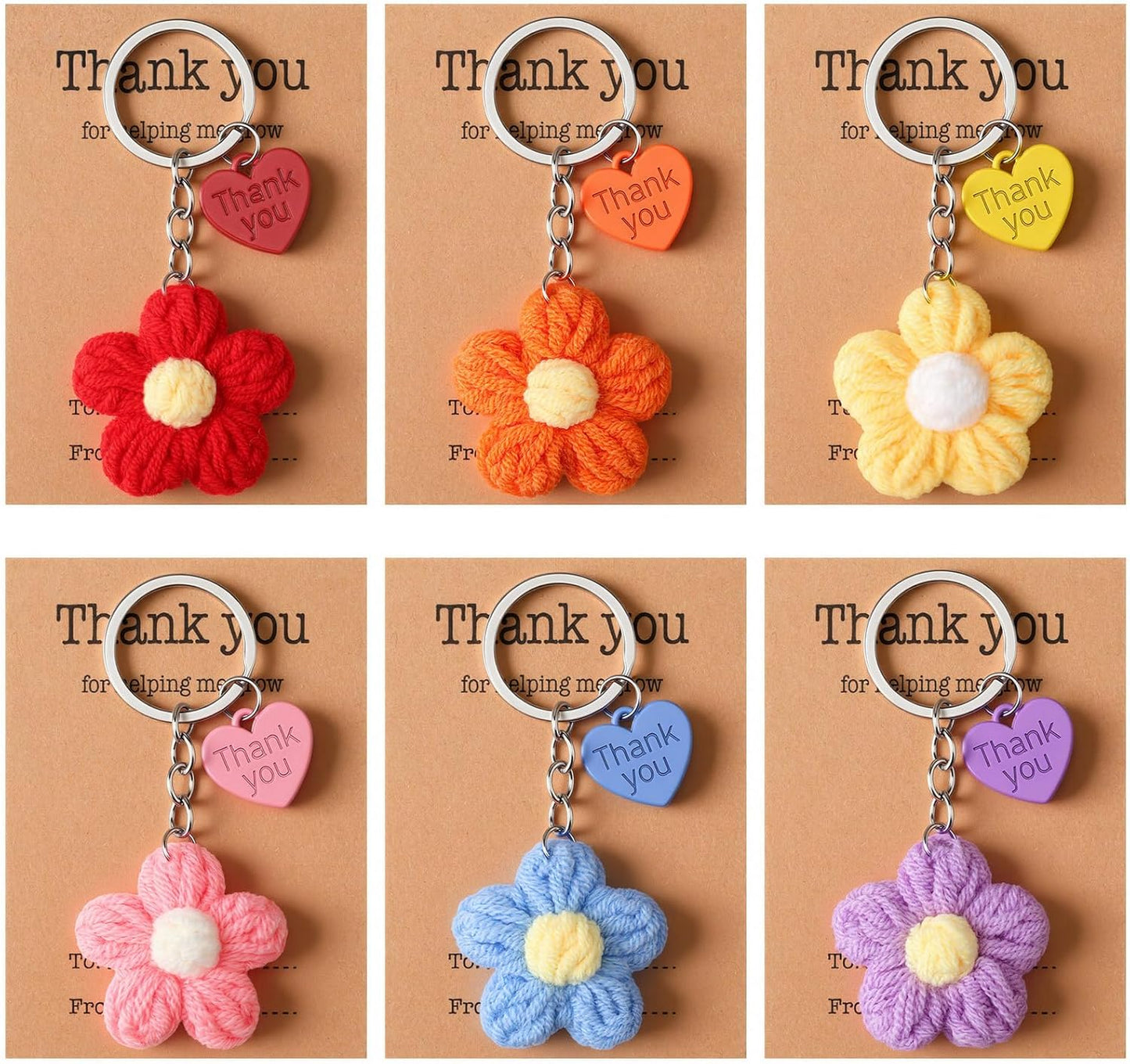 Teacher Appreciation Crochet Flower Keychain Gift Set – “Thank You for Helping Me Grow” (6 Pack)