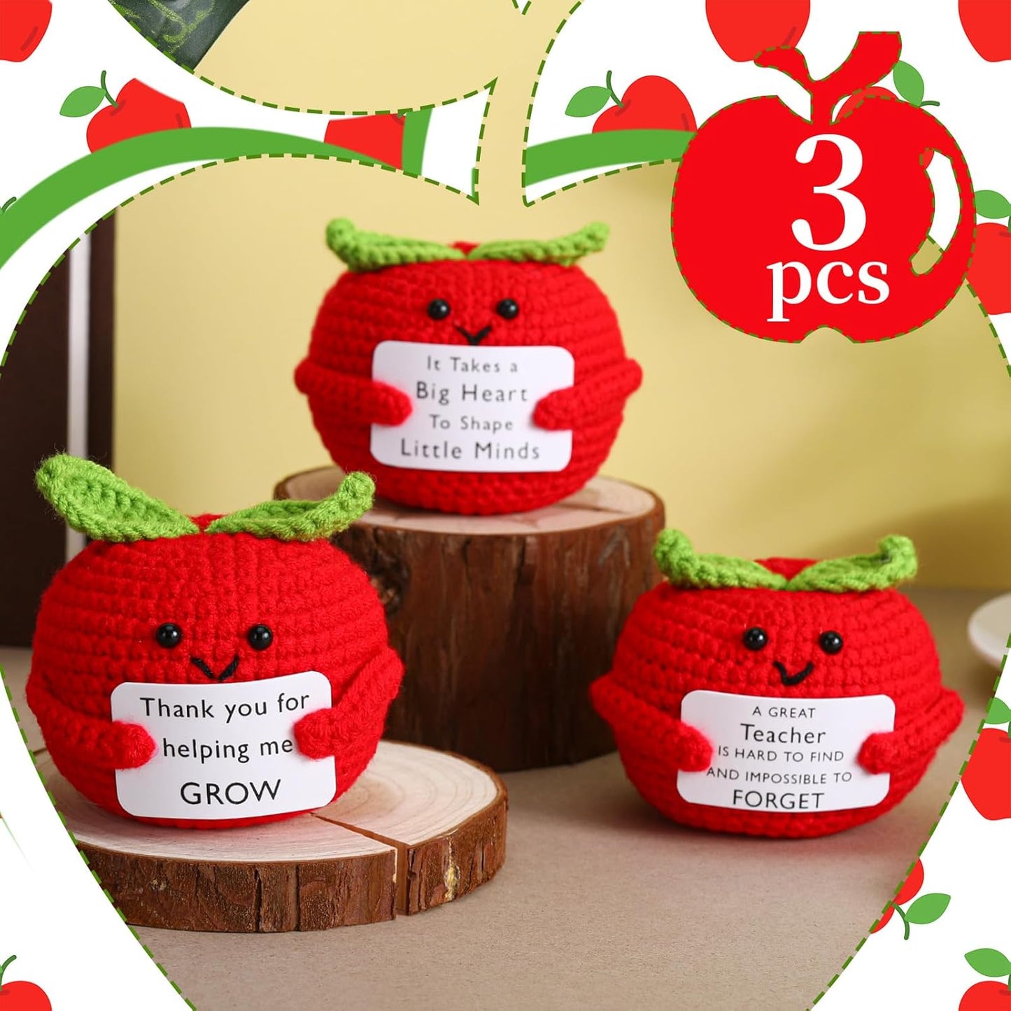 Teacher Appreciation Crochet Apple Gift Set – Handmade “Thank You for Helping Me Grow” (3 Pack)