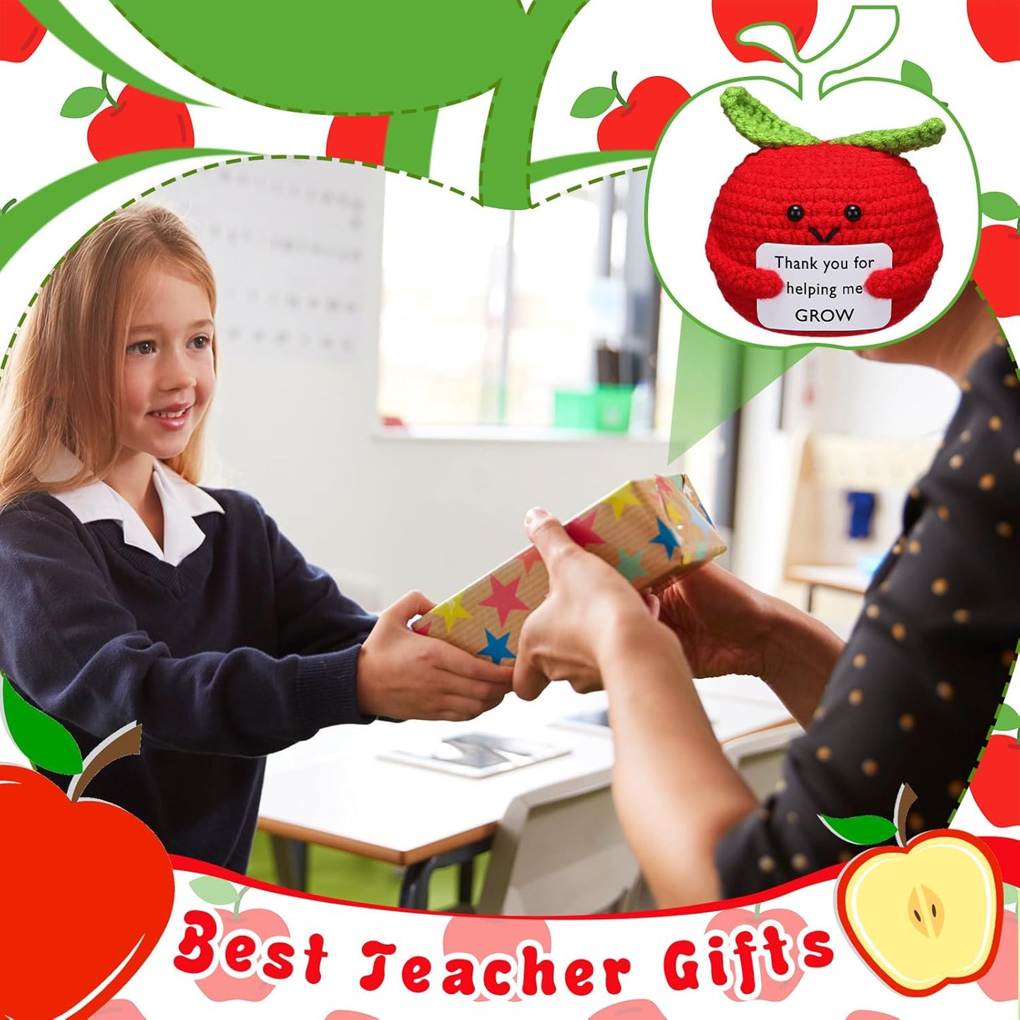 Teacher Appreciation Crochet Apple Gift Set – Handmade “Thank You for Helping Me Grow” (3 Pack)